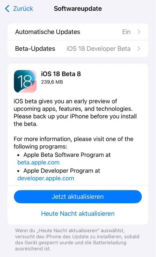 渭南苹果手机维修分享苹果 iOS / iPadOS 18 开发者预览版 Beta 8 发布 